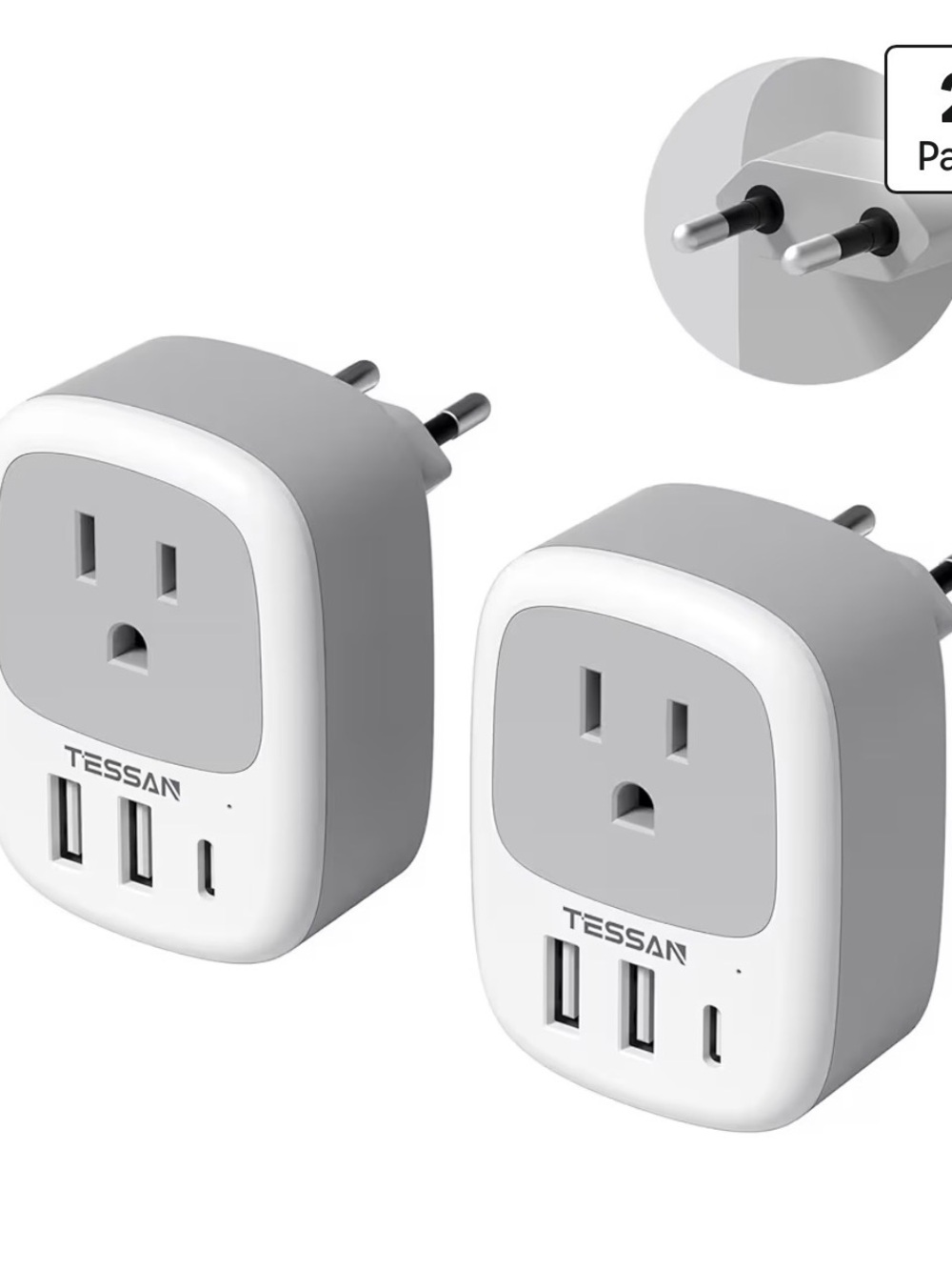Gray USB European Wall Charger Adapter with Dual USB Ports (2-Pack) C5